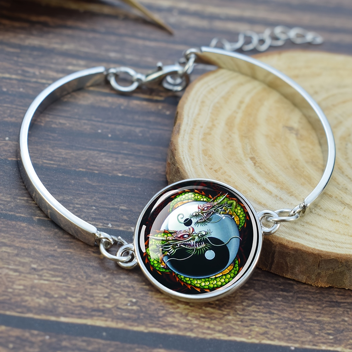 Yin Yang Dragon Glass Dome Charm Bracelet, Unisex